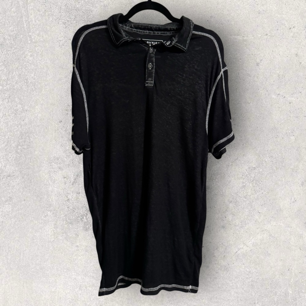 Buckle Black Short Sleeve Polo Shirt Contrast Stitch Casual Size L